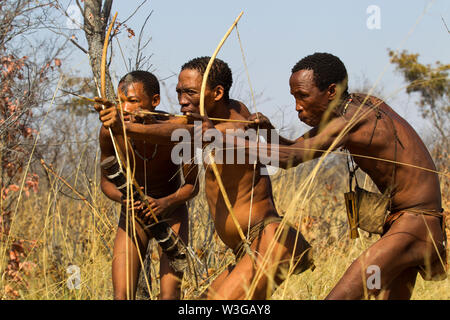 Cacciatori boscimani con arco e frecce che simula una battuta di caccia a Grashoek, Namibia Foto Stock