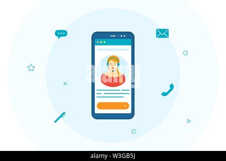Avatar operatore assistenza clienti donna sullo schermo dello smartphone. Online consulenza tecnica mobile servizio 24-7 concetto. L'assistente virtuale aiuta l'illustrazione moderna della comunicazione piatta Illustrazione Vettoriale