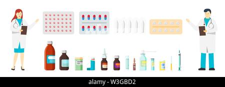 Prescrizione medica pillola flacone farmacia compressa farmaco negozio set. Capsule di medicina spray e donne maschili dottori. Illustrazione vettoriale piatta dei farmaci per la terapia sanitaria Illustrazione Vettoriale