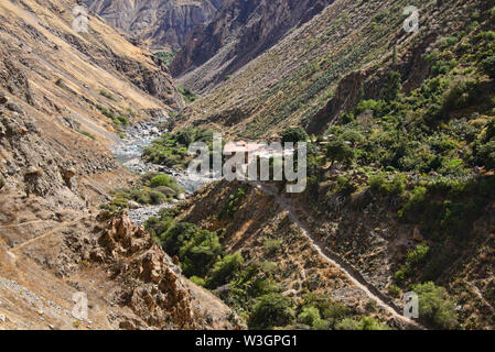 Il Fiume Colca che corre attraverso il Grande Canyon del Colca, Perù Foto Stock