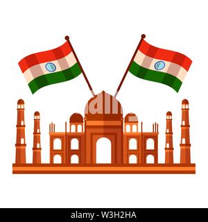 Taj Mahal moschea indiano con le bandiere incrociate Illustrazione Vettoriale