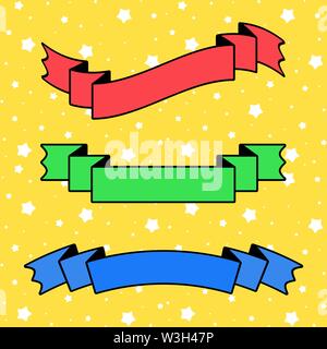 Set di colorato nastri isolata banner su uno sfondo giallo. Piatto semplice illustrazione vettoriale. Con spazio per il testo. Adatto per infographics desi Illustrazione Vettoriale