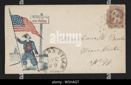 La guerra civile che mostra inviluppo Zouave soldato con bandiera americana e il fucile di fronte a firmare con il messaggio 'via Washington Baltimore' Foto Stock