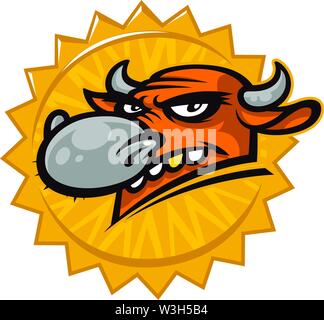 Cartoon testa di un toro. Illustrazione vettoriale di una mascotte di testa. Emblema per la stampa. Un cornuto graziosi animali. Immagine è isolato su sfondo bianco. Illustrazione Vettoriale