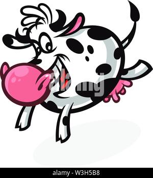 Cartoon carino vacca. Emblema per la stampa. L'esecuzione di mucca. Immagine è isolato su sfondo bianco. Animali divertenti mascotte. Un divertentissimo personaggio per un gioco o Illustrazione Vettoriale