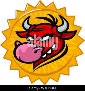 Cartoon testa di un toro. Illustrazione vettoriale di una mascotte di testa. Emblema per la stampa. Un cornuto graziosi animali. Immagine è isolato su sfondo bianco. Illustrazione Vettoriale