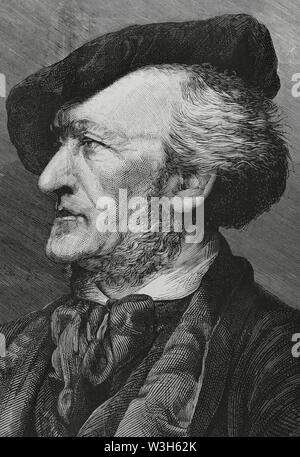Wilhelm Richard Wagner (1813-1883). Compositore, direttore de orquesta, poeta, ensayista y dramaturgo alemán del Romanticismo. Grabado por Parigi. La Ilustración Española y Americana, 22 de febrero de 1883. Foto Stock