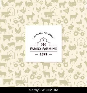 Seamless modello di vettore di animali da fattoria, edifici, attrezzature e altri elementi con logo Illustrazione Vettoriale