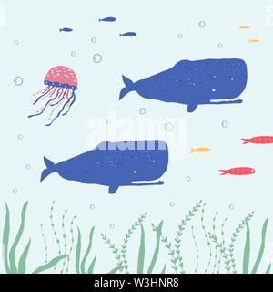 Creature sottomarine octopus, balena, pesce, seaplants e coralli, impostato con animali marini per tessuto, tessuto, carta da parati, nursery decor, stampe, childi Illustrazione Vettoriale