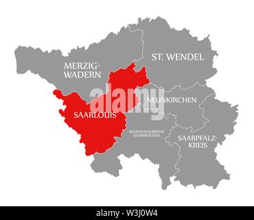 Saarlouis evidenziata in rosso nella mappa del Saarland Germania DE Foto Stock