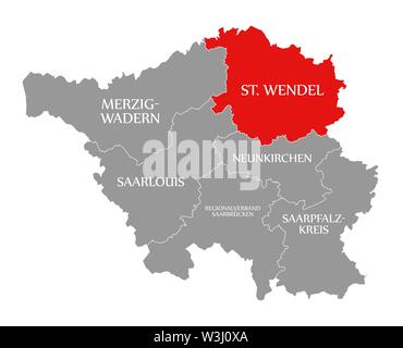 St Wendel evidenziata in rosso nella mappa del Saarland Germania DE Foto Stock