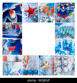 Mare e estate theme per party o compleanno. Collage di cinque foto di caramelle, tortine e dolci pop. Foto Stock