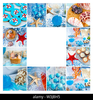 Mare e estate theme per party o compleanno. Collage di cinque foto di caramelle, tortine e dolci pop. Foto Stock