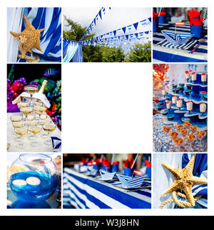 Mare e estate theme per party o compleanno. Collage di cinque foto di caramelle, tortine e dolci pop. Foto Stock