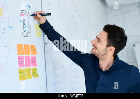 Designer di mobili di prototipazione layout applicazione su whiteboard Foto Stock