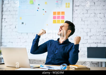 Estasiato web developer urlando di gioia e compiendo gesti per celebrare il successo mentre è seduto in ufficio Foto Stock