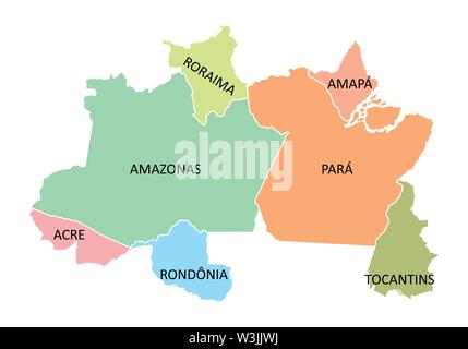 Una colorata mappa del Brasile nord regione isolata su sfondo bianco Illustrazione Vettoriale