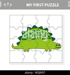 Simpatico puzzle game. Illustrazione Vettoriale del gioco di puzzle con happy cartoon dino per bambini Illustrazione Vettoriale