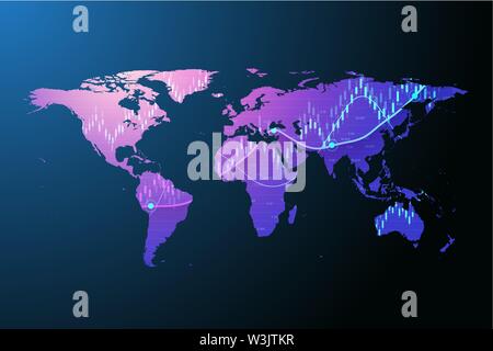 In tutto il mondo mercato azionario o forex trading grafico nel concetto grafico per gli investimenti finanziari o le tendenze economiche business idea design. In tutto il mondo della finanza Illustrazione Vettoriale