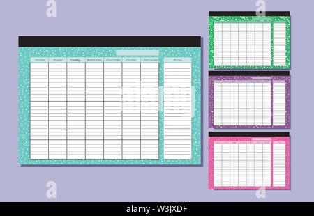 Escursioni Calendario modello. Serie infinita di aliante con disegno geometrico. sette colonne e un'area di registrazione. Quattro stagioni. Verde, rosa, sfondo viola. Nello stile di Memphis. Illustrazione Vettoriale. Parete stampabile decor. Design moderno Illustrazione Vettoriale