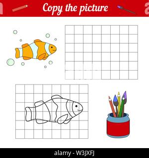 Colorazione di pesce di copia libro sulla griglia. Con un campione di pesce pagliaccio e bolle. Tempo libero sviluppo. Gioco per bambini rivista. Cartoon Sea life. Pagina del foglio di lavoro. illustrazione vettoriale. Acquario Illustrazione Vettoriale