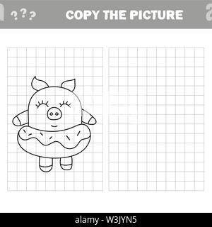 Funny suino con ciambella. Completare e copiare la foto di bambini gioco di disegno Illustrazione Vettoriale