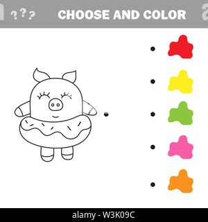 Funny suino con ciambella. Libro da colorare gioco di disegno Illustrazione Vettoriale