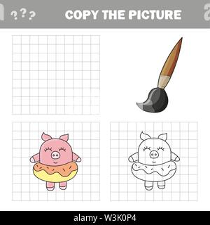 Funny suino con ciambella. Completano il quadro i bambini gioco di disegno Illustrazione Vettoriale