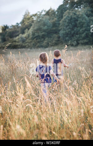 Poco felici i bambini giocando in un'erba alta in campagna. Candide persone, veri momenti e situazioni reali Foto Stock