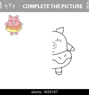 Funny suino con ciambella. Completano il quadro i bambini gioco di disegno Illustrazione Vettoriale