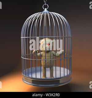 Funny cartoon 3d mummia egiziana monster intrappolato in una birdcage, 3D render illustrazione Foto Stock