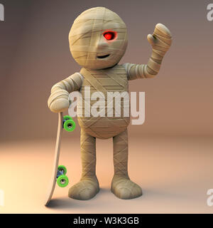 Cartoon 3d mummia egiziana monster tenendo uno skateboard, 3D render illustrazione Foto Stock