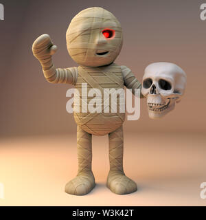 Spooky mummia egiziana monster tenendo un teschio umano, 3D render illustrazione Foto Stock