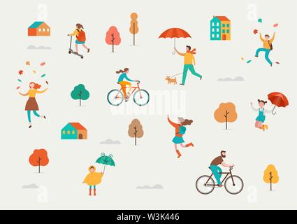 In autunno, rientra in scena con varie persone carino, famiglie e bambini divertirsi giocando con foglie di autunno e saltando con un ombrelloni. La Folla di minuscoli Illustrazione Vettoriale