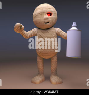 Cartoon 3d mummia egiziana monster utilizzando uno spray per aerosol può, 3D render illustrazione Foto Stock