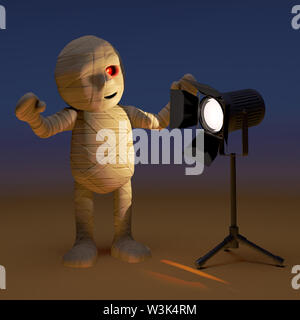 Startled 3D fumetto mummia egiziana monster guarda in un faretto, 3D render illustrazione Foto Stock