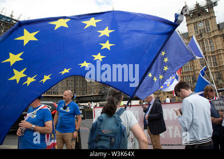 Anti Brexit manifestanti sventolano Unione europea bandiere in Westminster come dentro il Parlamento il Tory leadership gara continua il 1 luglio 2019 a Londra, Inghilterra, Regno Unito. Foto Stock