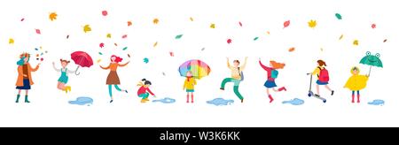 In autunno, rientra in scena con varie persone carino, famiglie e bambini divertirsi giocando con foglie di autunno e saltando con un ombrelloni. La Folla di minuscoli Illustrazione Vettoriale