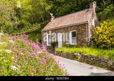 Un vecchio cottage in pietra accanto alla corsia nella Petit Bot, Guernsey, Regno Unito Foto Stock