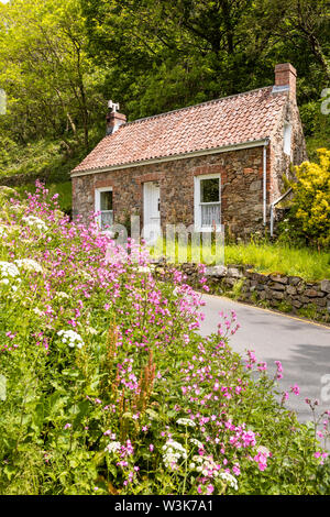 Un vecchio cottage in pietra accanto alla corsia nella Petit Bot, Guernsey, Regno Unito Foto Stock