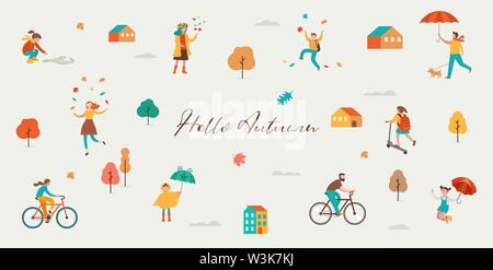 In autunno, rientra in scena con varie persone carino, famiglie e bambini divertirsi giocando con foglie di autunno e saltando con un ombrelloni. La Folla di minuscoli Illustrazione Vettoriale