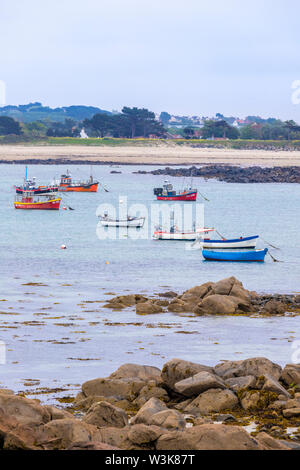 Barche da pesca ormeggiate in Grand Havre visto dal Rousse, Guernsey, Isole del Canale della Manica UK Foto Stock