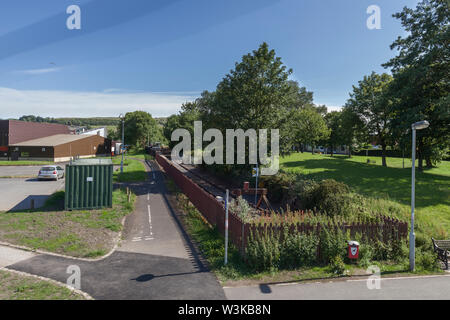 Tamponi alla fine della linea in corrispondenza di Colne stazione ferroviaria,Lancashire Foto Stock