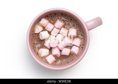 Cioccolata calda con piccola rosa e bianco marshmallows in una rosa tazza ceramica isolata su bianco da sopra. Foto Stock