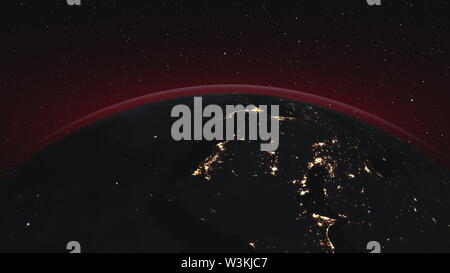 Grafico di movimento del pianeta Terra con alone città illuminata sulla ruota mainlands contro le stelle in uno spazio infinito. Animazione 3d. La scienza e la tecnologia del concetto. Gli elementi di questo media arredate dalla NASA Foto Stock
