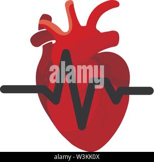 Concetto medico del cuore rosso organo con tubi e vene icona sullo sfondo bianco. Cardiogram del cuore del sistema, di cancro o di un attacco di cuore Illustrazione Vettoriale