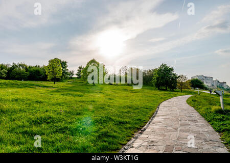 Il Castello di Devin principale pietra lastricata strada conduce alla rovina cinto di mura fortificate con sfondo con cielo nuvoloso Foto Stock