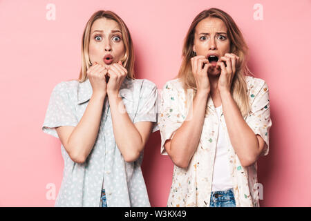 Immagine di una paura scioccato giovani sorelle bionde cute ragazze amici in posa isolato sulla parete rosa sfondo. Foto Stock