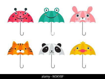 Raccolta di vari ombrelli carino con animali volti design. Panda, rana, Ladybug, Tiger e chick facce buffe. Colorata illustrazione vettoriale nel mod Illustrazione Vettoriale