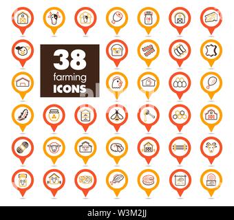 Animale da Azienda Contatto Mappa icon set. Animali da allevamento puntatore della mappa. Mappa marcatore. Simbolo grafico per il vostro web site design, logo, app, UI. Illustrazione Vettoriale Illustrazione Vettoriale